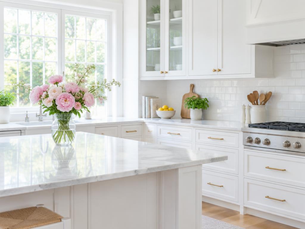 Bright, freshly cleaned white kitchen with pink flowers
